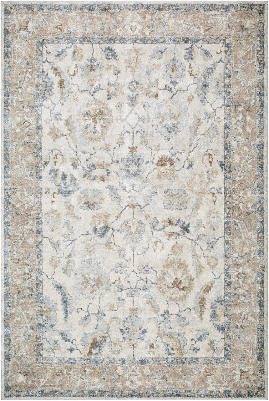 Close-up of the Uriel Thick Luxe Rug, a machine-woven rug in beige, gray, and tan with a traditional floral pattern. Design-Rectangle-6792