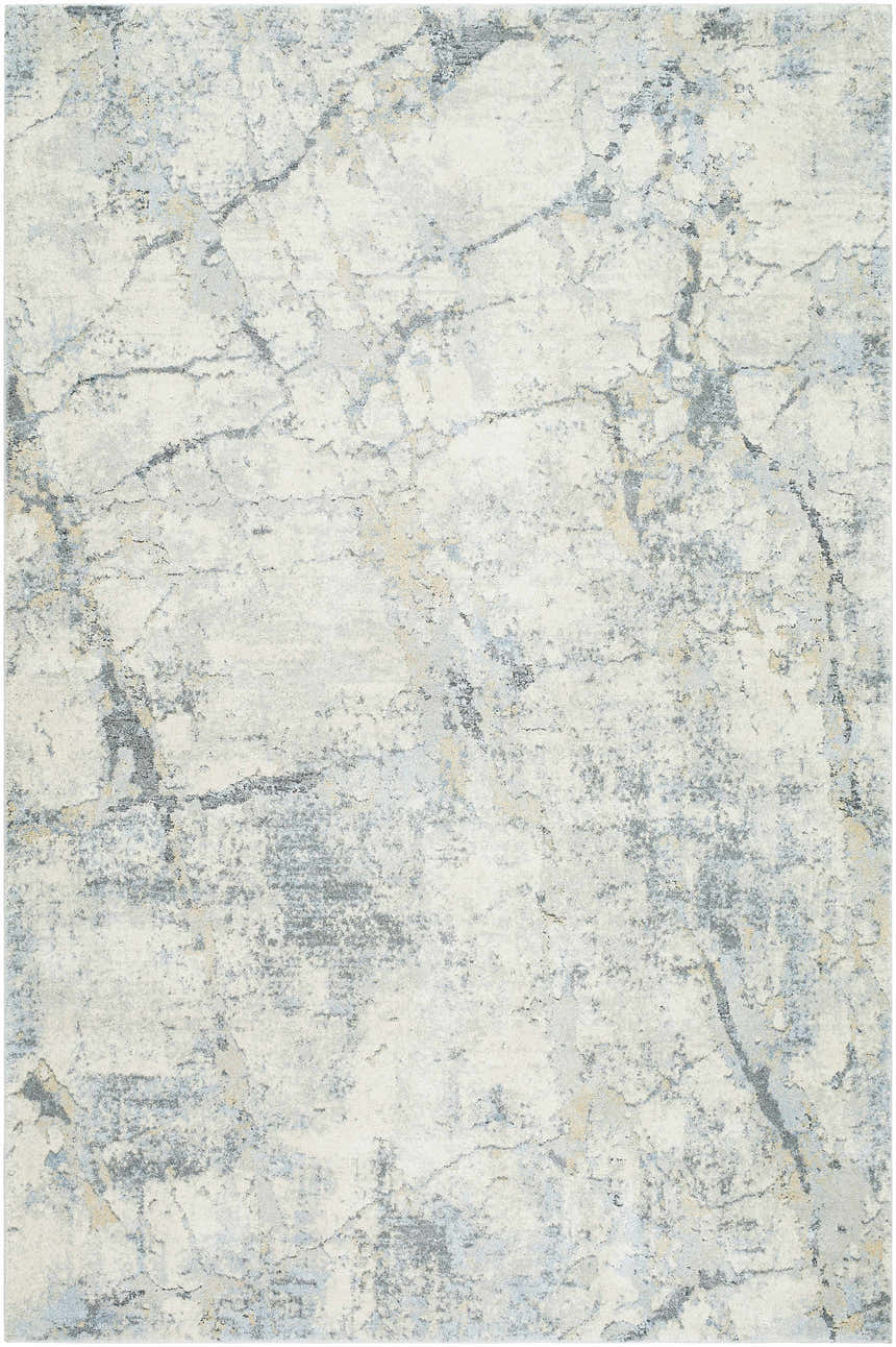 Close-up of the Urowo Light Gray Thick Luxe Rug showing its abstract, marbled design with cream, gray, and light blue tones. Design-Rectangle-679