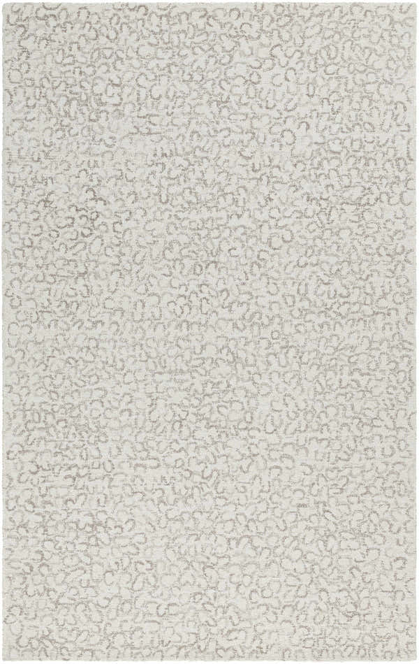 Close-up of the hand-tufted Zayit Area Rug. Light silver wool with a subtle sterling gray abstract pattern. Design-Rectangle-58