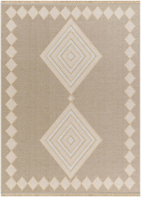 Close-up of the Ziggy Washable Jute Rug, featuring a diamond pattern in beige, cream, and tan. Farmhouse style. Design-Rectangle-537