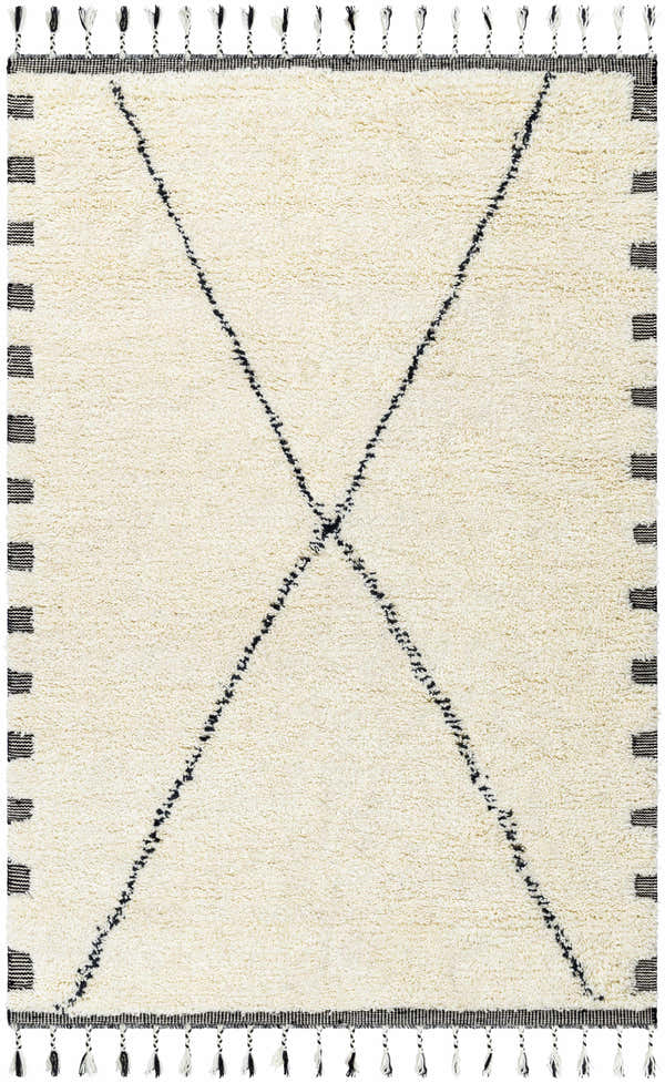 Close-up of the hand-woven Zajac Area Rug. Pearl wool rug with black geometric X design and tassels. Farmhouse style. Design-Rectangle-576