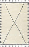 Close-up of the hand-woven Zajac Area Rug. Pearl wool rug with black geometric X design and tassels. Farmhouse style. Design-Rectangle-576