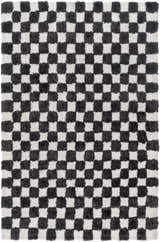 Close-up of the Zveha Area Rug. Black, light silver, and gray checkerboard design with a soft, microfiber texture. Design-Rectangle-576