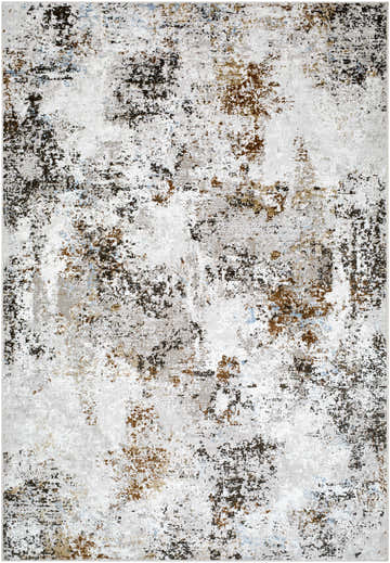 Close-up of the Zaria Area Rug. Abstract design in dark brown, denim, medium brown, mustard, taupe, and white. Design-Rectangle-537