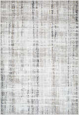 Close-up of the Zenon Area Rug. Charcoal, light brown, light gray, mustard, taupe, and white abstract design. Design-Rectangle-537