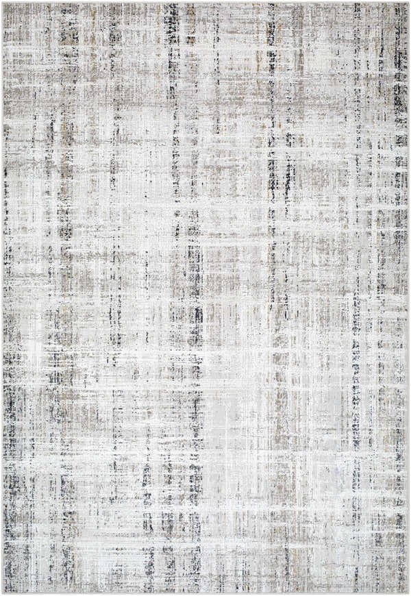 Close-up of the Zenon Area Rug. Charcoal, light brown, light gray, mustard, taupe, and white abstract design. Design-Rectangle-537