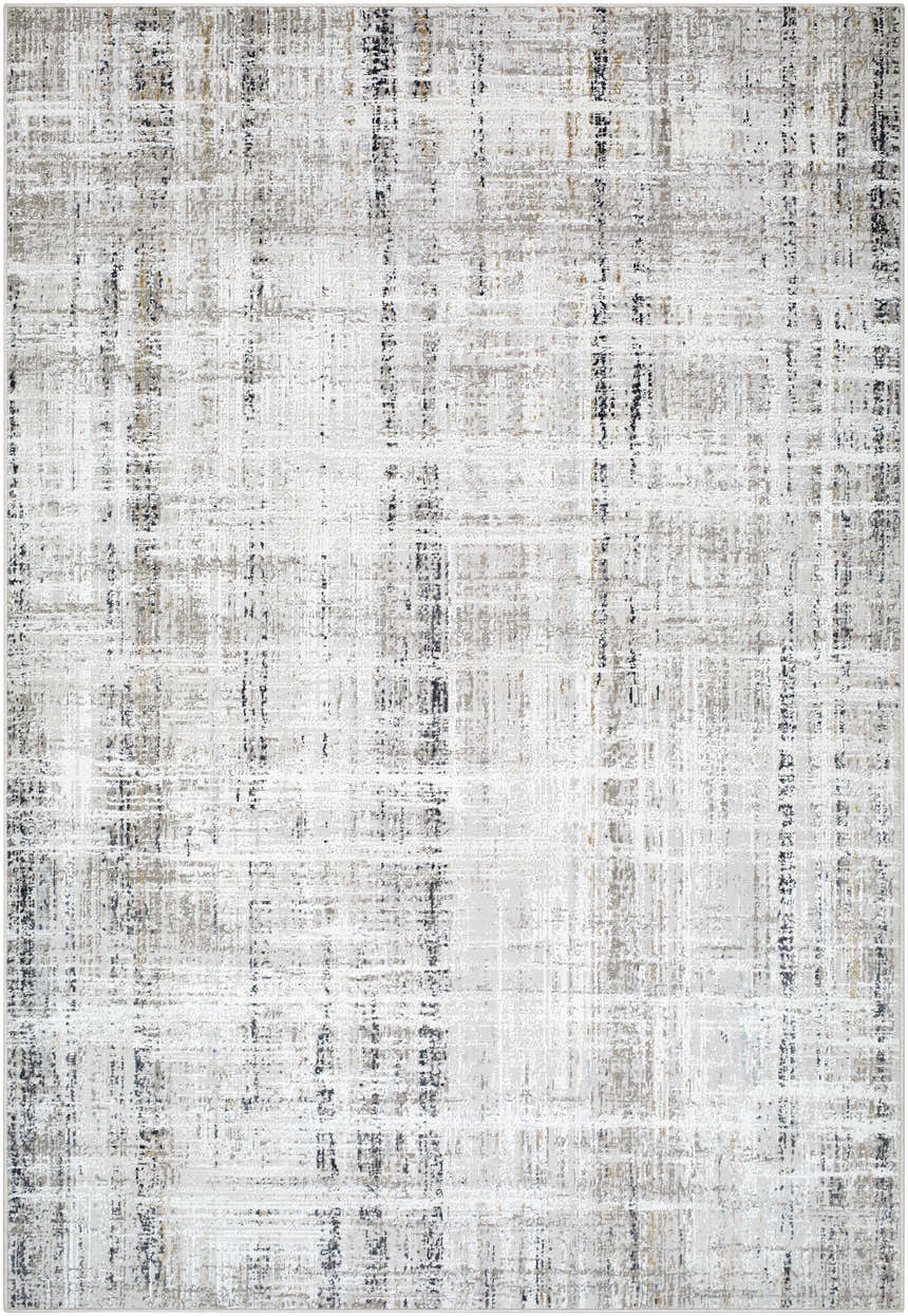 Close-up of the Zenon Area Rug. Charcoal, light brown, light gray, mustard, taupe, and white abstract design. Design-Rectangle-537