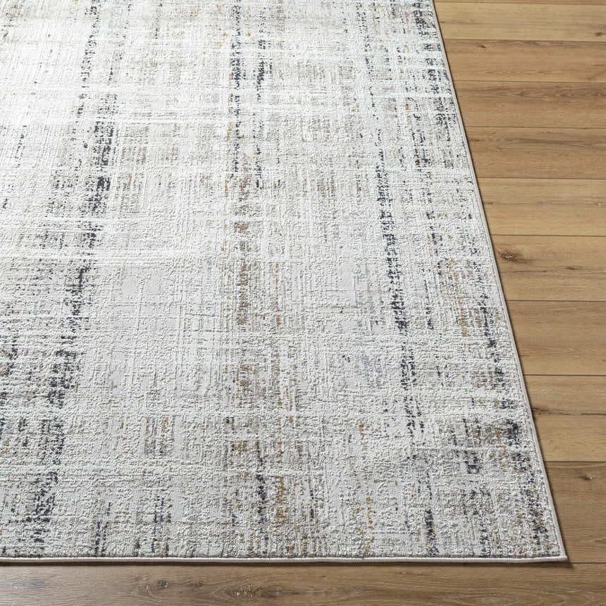 Close-up of the Zenon Area Rug showing its charcoal, light brown, and white abstract pattern and textured polypropylene weave. Front