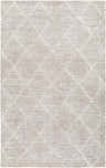 Close-up of the hand-tufted Zonta Area Rug. Light silver, silver gray, and warm gray diamond pattern on 100% wool. Design-Rectangle-58