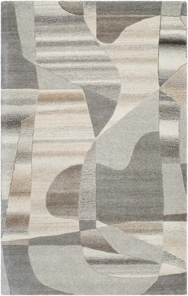 Close-up of Zareb Modern Wool Rug. Contemporary design with ash, gray, light silver, sage, and warm gray colors. Hand-tufted texture. Design-Rectangle-58