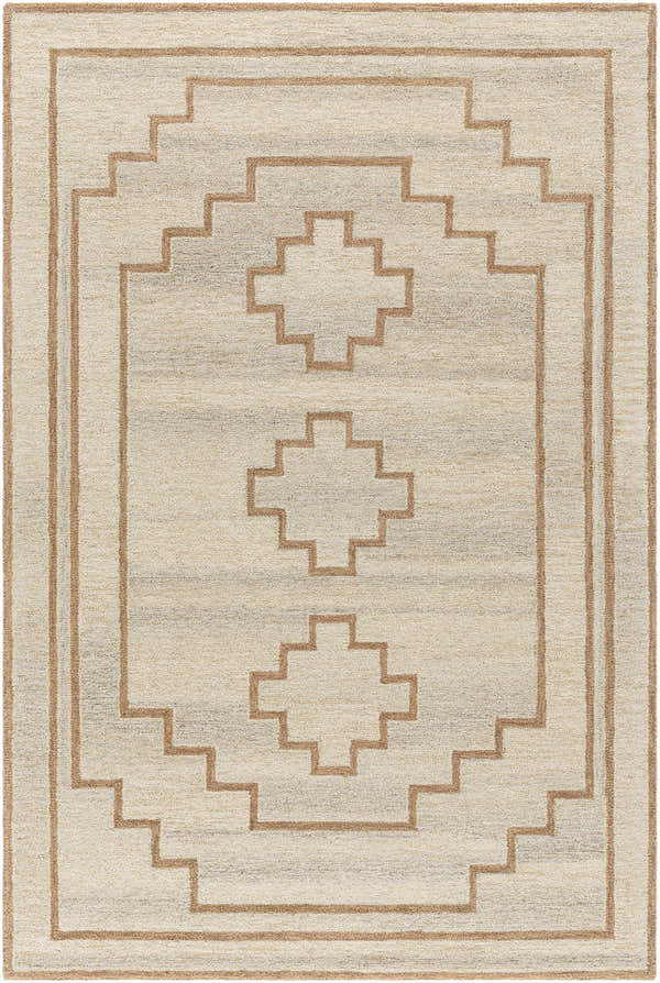 Close-up of Ziven Area Rug. Hand-tufted wool rug with a geometric pattern in ash, pearl, and tan hues. Design-Rectangle-576